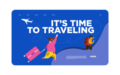 Promotional Banner with Two Cartoon Tourists Bags and Airplane Taking Off. Lets Go Travel Motivational Title. Tourism and Summer Vacation. Vector Illustration in Flat Design. Trip around World.