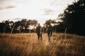 A couple in love walk through a field during a golden sunset in the UK