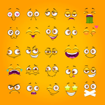 Humorous emoji set. Emoticon face collection. Funny cartoon comic faces on yellow background.