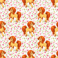 Seamless pattern with cute cartoon young little horse.