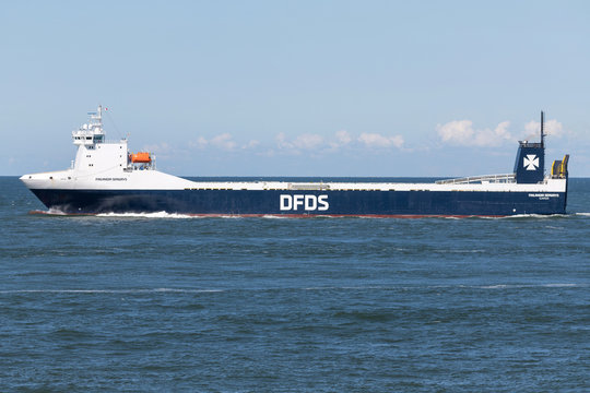 MAASVLAKTE, THE NETHERLANDS - JULY 1, 2019: FINLANDIA SEAWAYS outbound Rotterdam. DFDS Seaways is a large Danish shipping company operating passenger and freight services across Northern Europe.