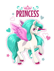 Little cute cartoon unicorn princess. Cartoon pegasus illustration.