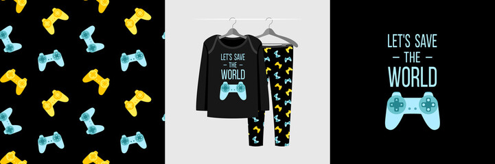 Seamless pattern and illustration for kid with gamepad and quote Let's save the world © stocklene