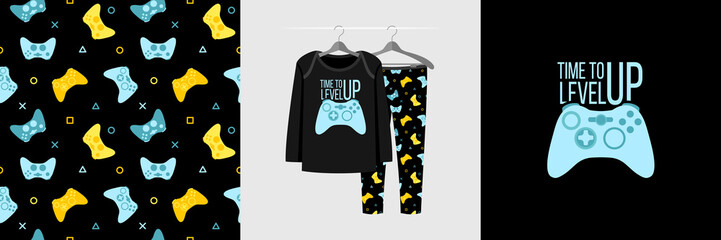 Seamless pattern and illustration for kid with gamepad and quote Time to level up © stocklene