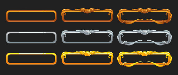 Metallic title banners set for epic game design. Golden, silver and bronze decorative frames. © lilu330
