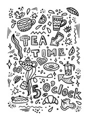 tea time pattern with hand drawn doodles