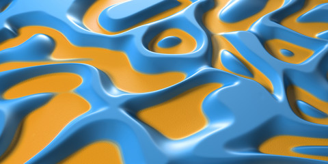 3d Visual arts background with Psychedelic Tribal Liquid Surface blue and yellow texture. Close-up view.