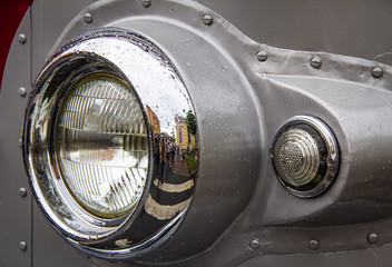 Old giant lantern on a unique soviet bus of the 50s