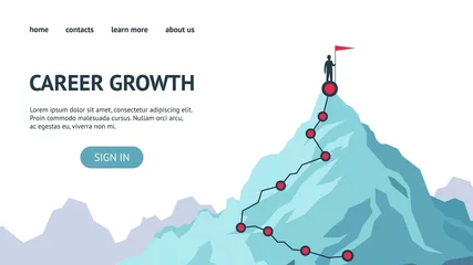 Foto op Plexiglas Career growth landing page. Process journey to success. Climbing to the top of mountains. Vector flat modern illustration success, achievment, motivation personal growth in business © SpicyTruffel