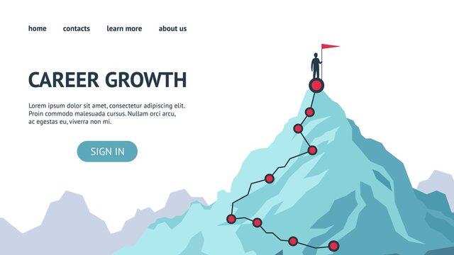 Career Growth Landing Page. Process Journey To Success. Climbing To The Top Of Mountains. Vector Flat Modern Illustration Success, Achievment, Motivation Personal Growth In Business