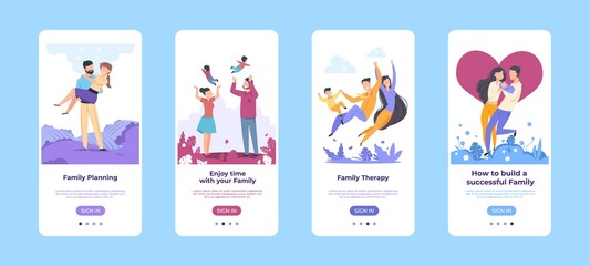 Family onboard screen. Happy cartoon characters spending time together mobile application template. Vector illustrations design healthcare website planning child for parents and couple with baby