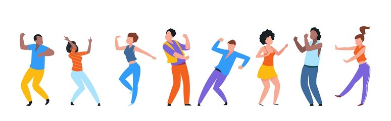 Fototapeta na wymiar Dancing people. Happy trendy men, women dancers, group of happy young people enjoying dance. Vector illustrations modern party isolated set with guy and girl together entertainment on white background