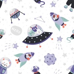 Wall murals Cosmos Space animals pattern. Cute cartoon baby astronauts seamless print, doodle animals in cosmos with stars and planets. Vector illustration wallpaper with cat and young animal on cosmos background