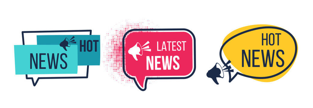 News badges. Daily hot latest and breaking news banners, newspapers and magazines announcement labels. Vector image flat headline promotions with icon megaphone