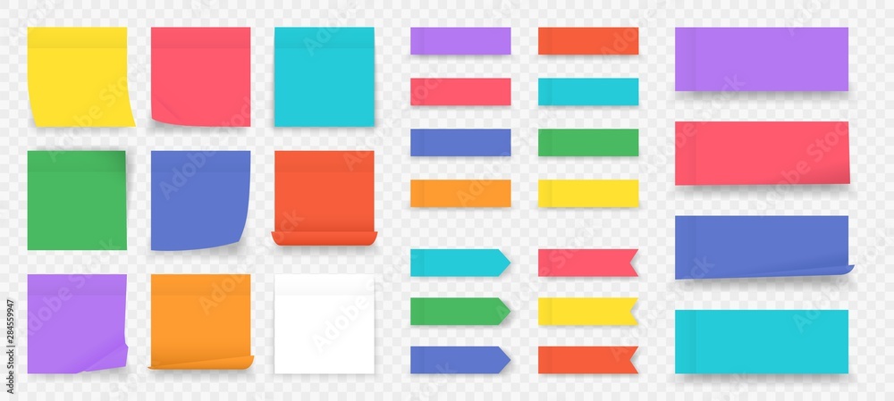 Poster Sticky notes. Paper colored square reminders isolated on transparent background, empty notebook page. Vector illustration blank colorful sticky paper sheet to do note in office