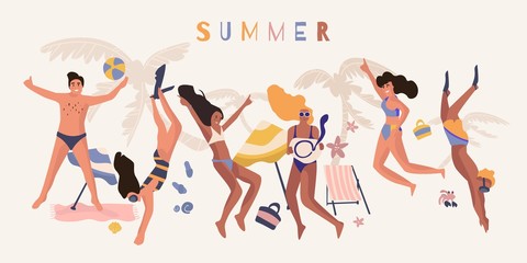 People beach banner. Happy friend on summer vacation cartoon poster, diverse young people on beach party. Vector poster beautiful group women and men outdoors