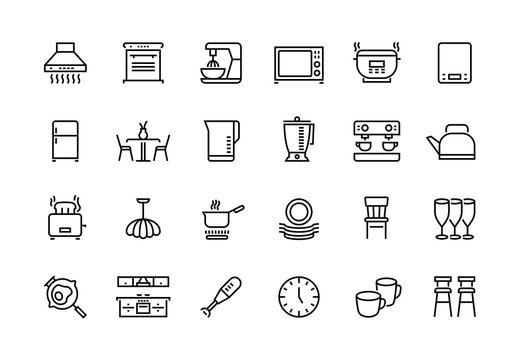 Kitchen line icons. Furniture appliances and utensils for kitchen, microwave toaster fridge blender pictograms. Vector illustration simple cooking tool set