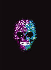 3D skull icon with ornament details purple and blue color witth black background