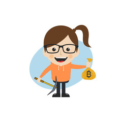 bitcoin crypto currency theme cartoon female woman miner girl