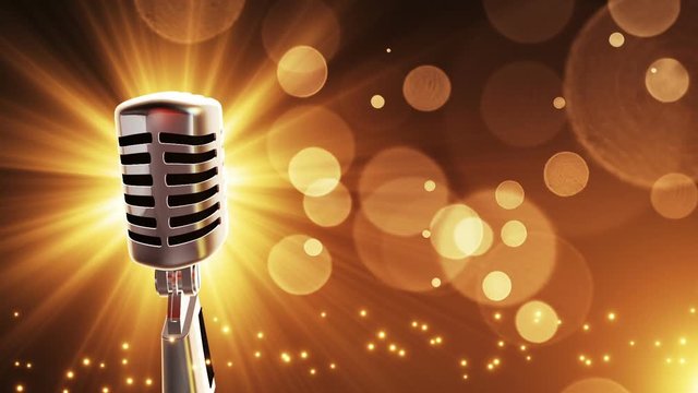 Colorful Particles Background with spinning glossy shiny retro style microphone Golden Brown Gold Yellow seamless looping