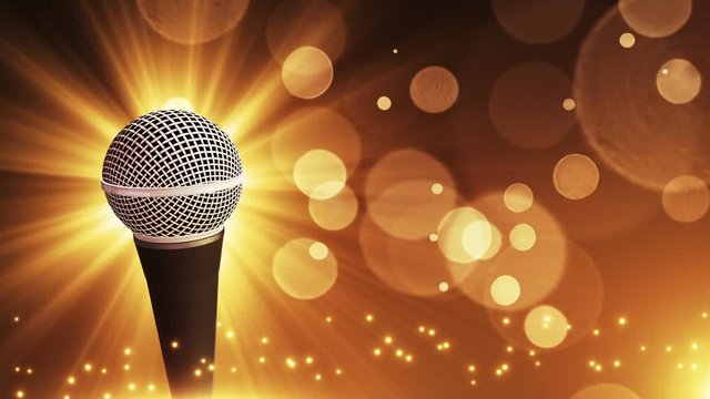 Colorful Particles Background with spinning modern microphone Golden Brown Gold Yellow seamless looping