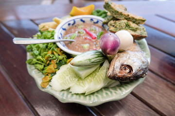 Fried mackerel with shrimp paste sauce, Traditional Thai food