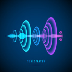 Color abstract digital sound wave. Sine wave on dark background. Radial sonar waves. Vector illustration - obrazy, fototapety, plakaty