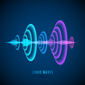 Color abstract digital sound wave. Sine wave on dark background. Radial sonar waves. Vector illustration