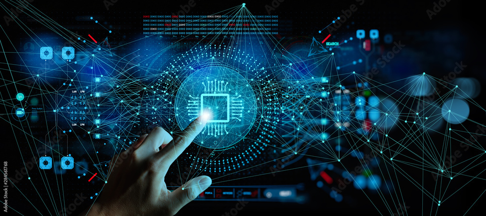 Poster Artificial intelligence (AI) with machine deep learning and data mining and another modern computer technologies UI by hand touching CPU icon.