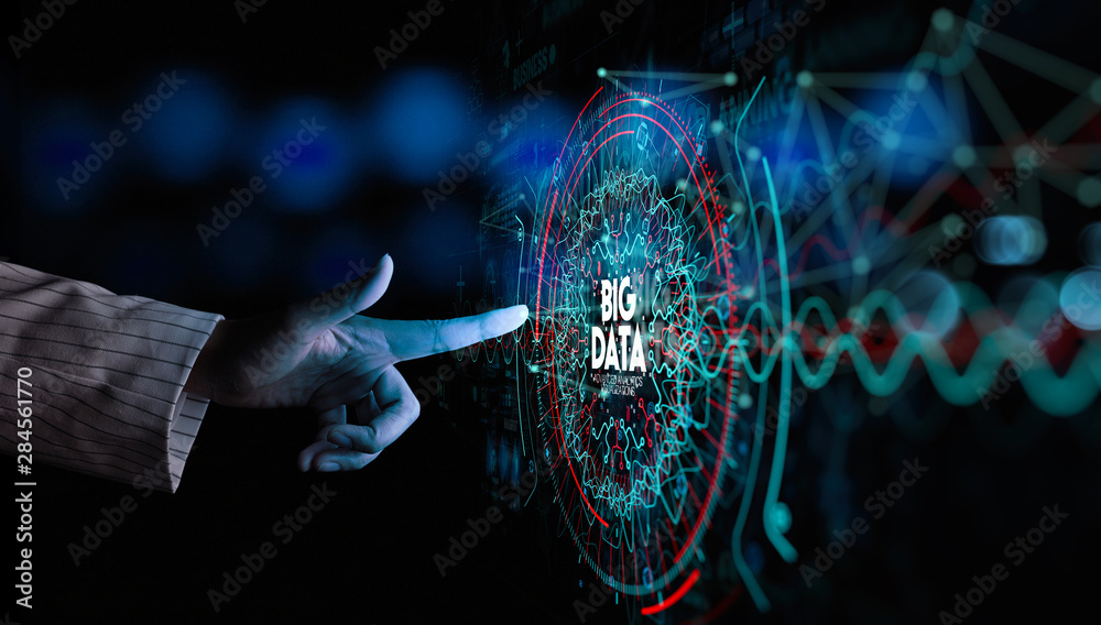 Aufkleber Big data in HUD and icon ui with hand selecting and pressing Big Data symbol and modern interface.