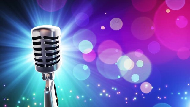 Colorful Particles Background with spinning glossy shiny retro style microphone Blue Cyan Purple Violet seamless looping