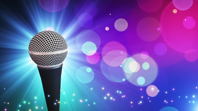 Colorful Particles Background with spinning modern microphone seamless looping Blue Cyan Purple Violet seamless looping
