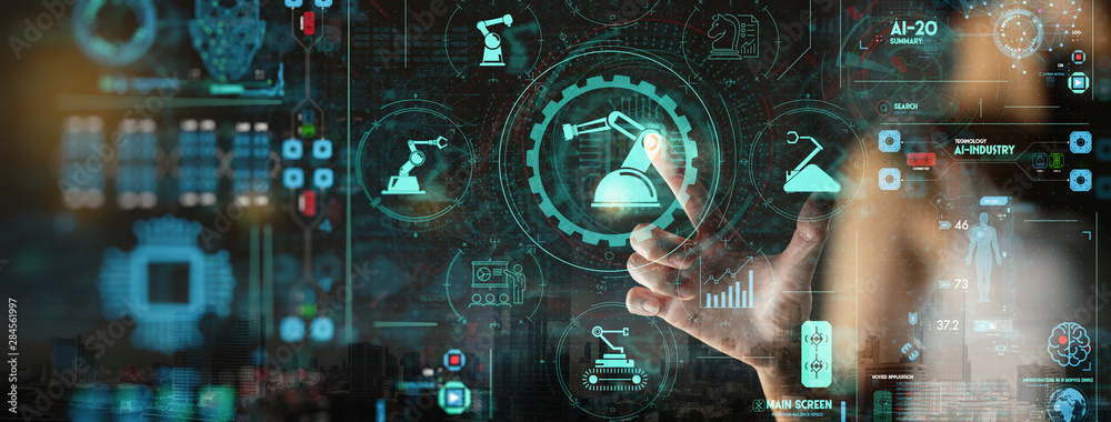 Poster Engineer hand check and control welding robotics automatic arms icon with machine in intelligent factory automotive industrial with UI monitoring system software.