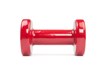 Single red dumbbell close up isolated on white background