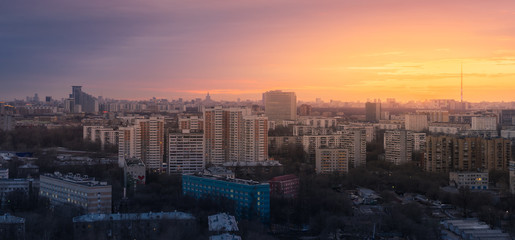 Above view of Moscow cityscape at sunset