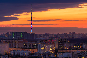 Above view of Moscow cityscape at sunset