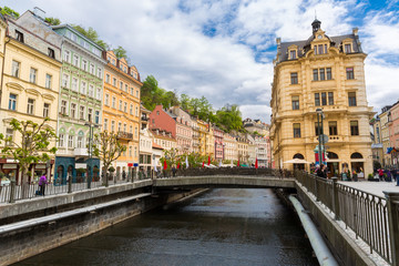 Fototapeta na wymiar City river and stone bridge, Czech Republic