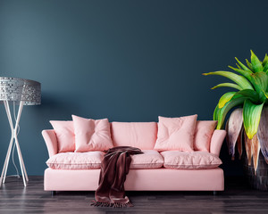 Modern interior design with pink sofa and dark green wall 3D Rendering