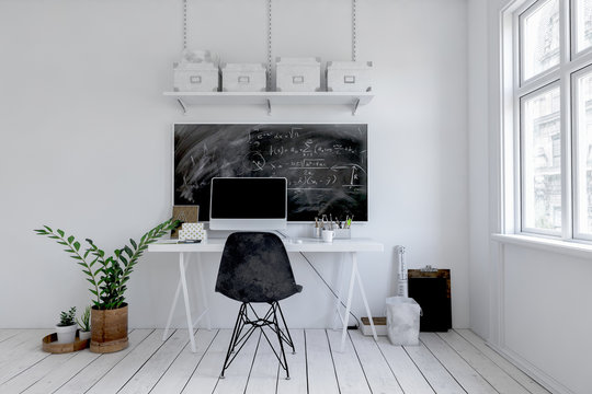 Modern Monochromatic White Office With Blackboard