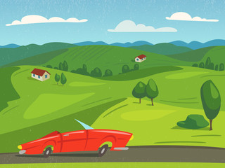 Vector summer poster nature landscape background with red car.