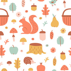 Seamless pattern with hand drawn forest elements in cartoon style. Flat background: animal, fruit, basket, mushrooms and leaves. Summer or autumn vector illustration