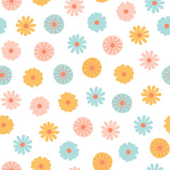 Seamless pattern with hand drawn little flowers in flat style. Cute scandinavian background for design, fabric or wrapping paper in pastel color. Floral vector illustration