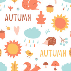 Seamless pattern with hand drawn forest elements in cartoon style. Flat pastel background of leaves, animal, sun and lettering AUTUMN. Childish scandinavian vector Illustration
