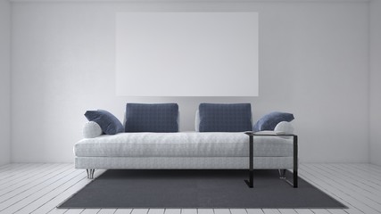 Grey sofa with cushions and blank picture frame