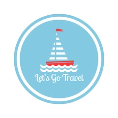 Flat white boat with sail and little waving red flag on the top in blue circle. Isolated on white background.