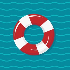 red and white swimming rubber ring on blue wavy background. Floating lifebuoy,