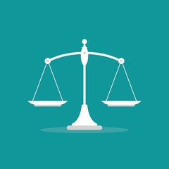 White mechanical scales balance icon isolated on blue. Justice, law scale.