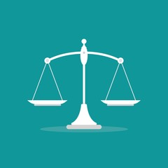 White mechanical scales balance icon isolated on blue. Justice, law scale.