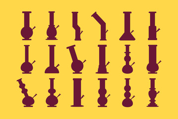 Isolated bongs icon set on background. Bongs and waterpipes. Smoking equipment made of glass.Bongs for weed, ganja and marijuana