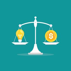 White mechanical scales with dollar coin and light bulb in pans. Idea value, solution and expenses balance.